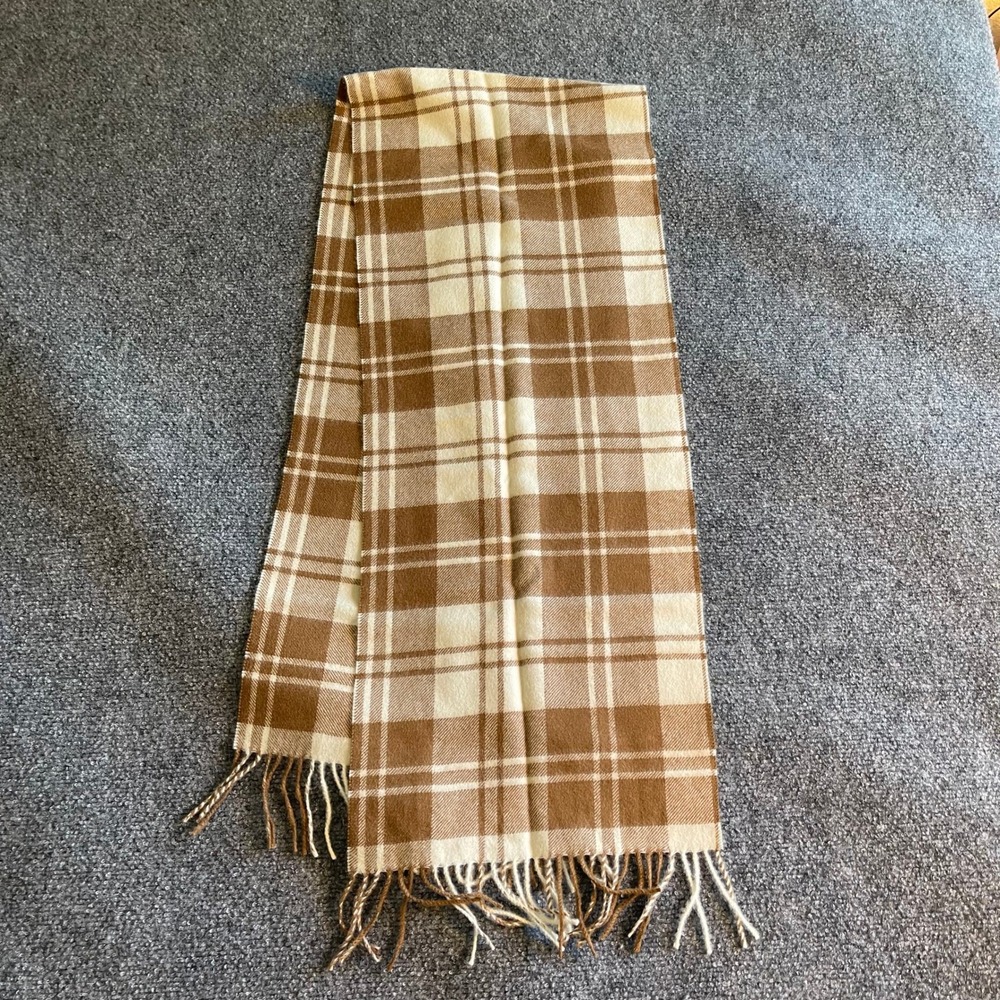 Huallpatex Brown Cream Plaid 100% Baby Alpaca Wool Scarf Fringe Made in Peru Men